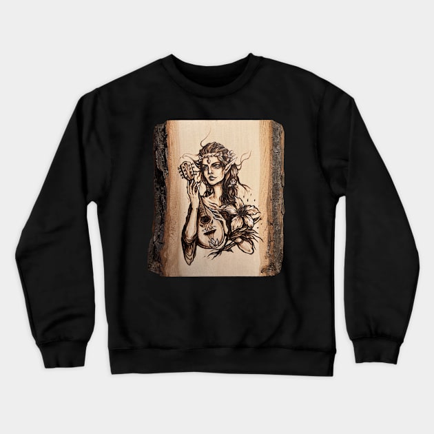 Elf bard - pyrography print - wood texture Crewneck Sweatshirt by BTW-byMargo